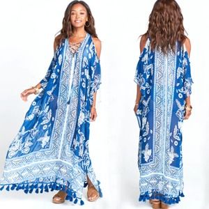 Pool Side Blue Floral Turkish Kaftan Tassel Full Length Swim Cover